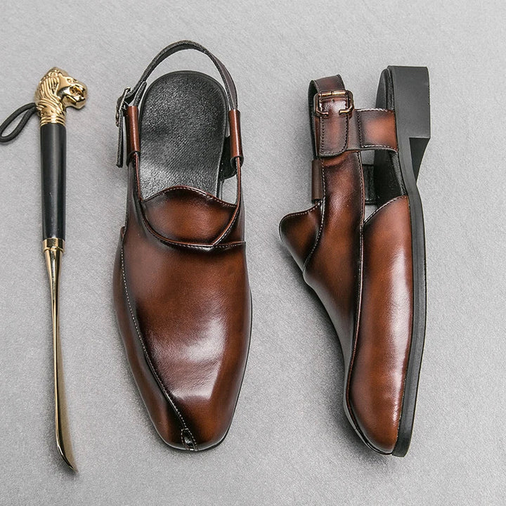 Męskie skórzane półbuty wizytowe typu slingback, wygodne mokasyny, sandały
