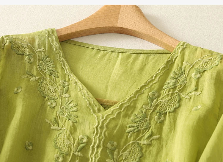 Women's Linen Embroidered Blouse V-Neck Casual Short Sleeve Top