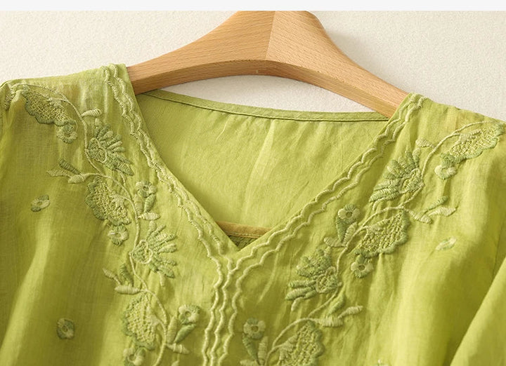 Women's Linen Embroidered Blouse V-Neck Casual Short Sleeve Top