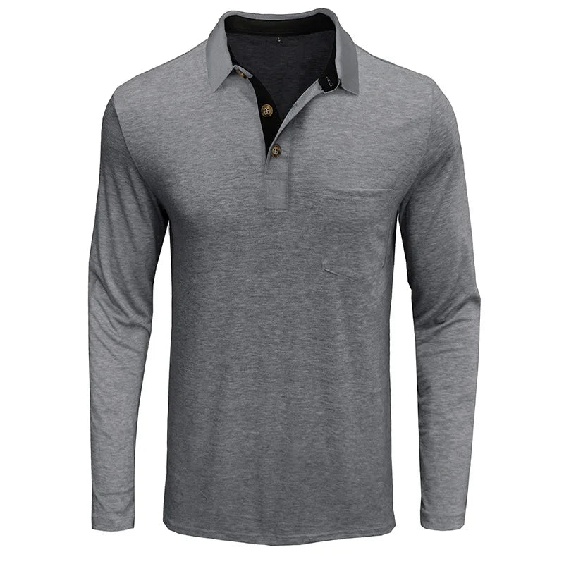 Men's Knit Long Sleeve Polo Shirt Pullover Top