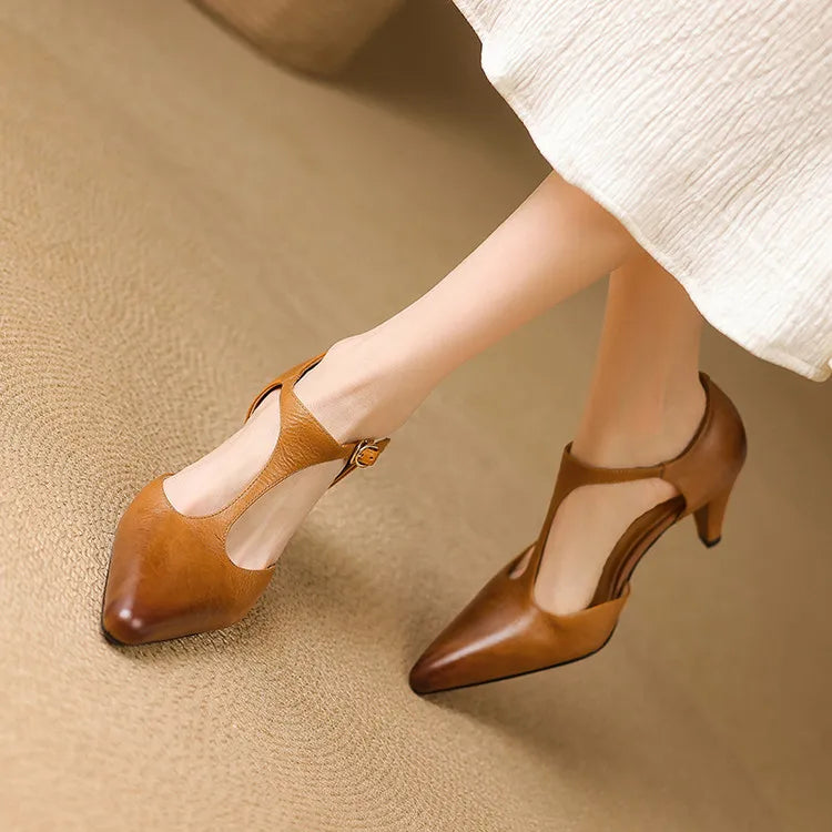 Women's Leather T-Strap High Heels Pointed Toe Pumps Shoes