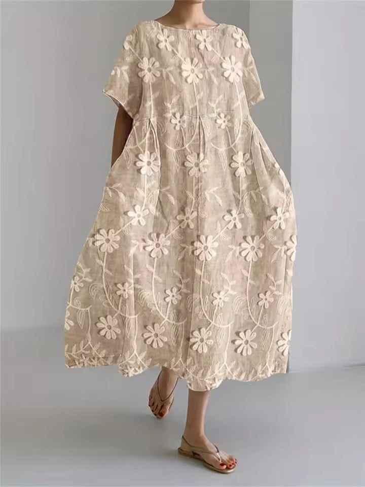 Women's Loose Linen Maxi Dress Short Sleeve Oversized Kaftan