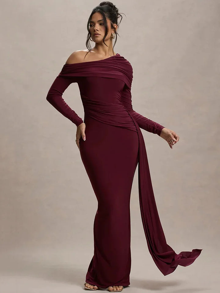 Women Knit Blend Off Shoulder Ruched Asymmetric Evening Maxi Dress
