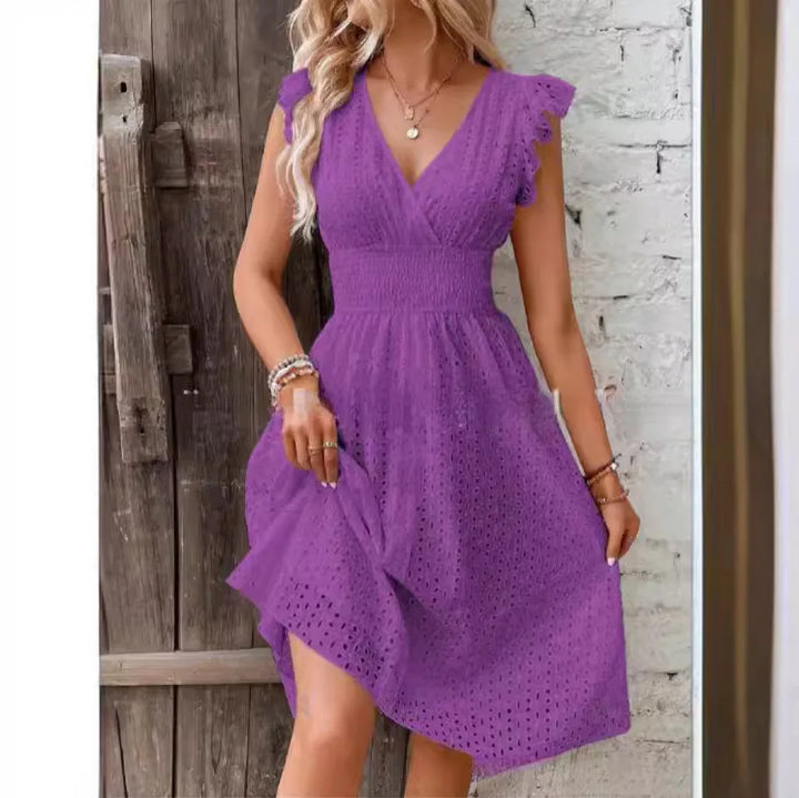 Women's Lace V Neck A Line Midi Dress