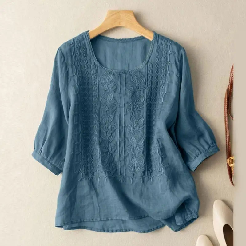 Linen Blouse Women Floral Relaxed Embroidered Top