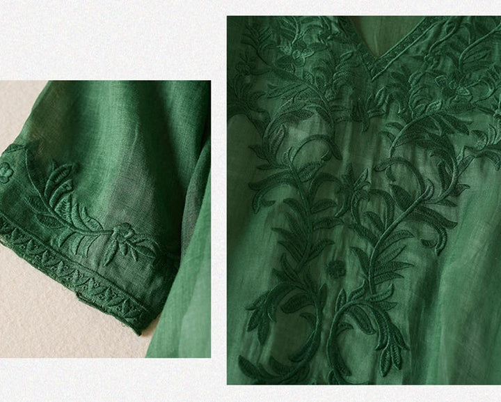 Robe midi imprimée en lin à col en V pour femme