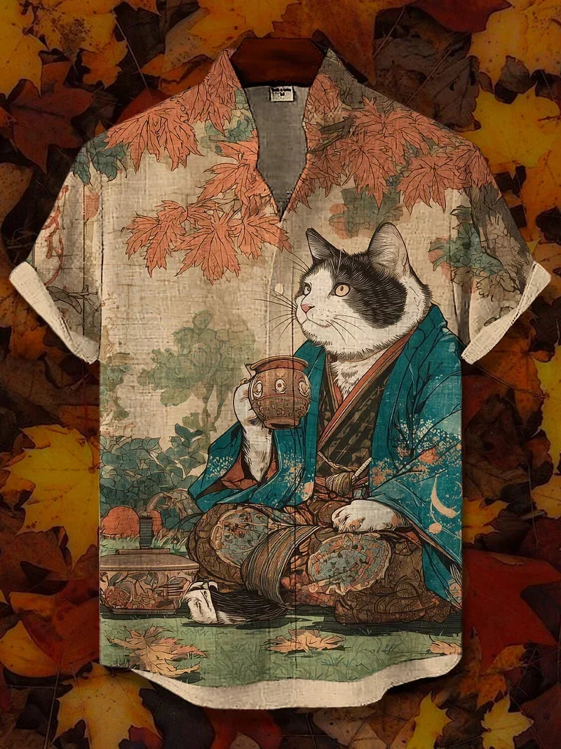 Men's Linen Casual Short Sleeve Hawaiian Graphic Shirt
