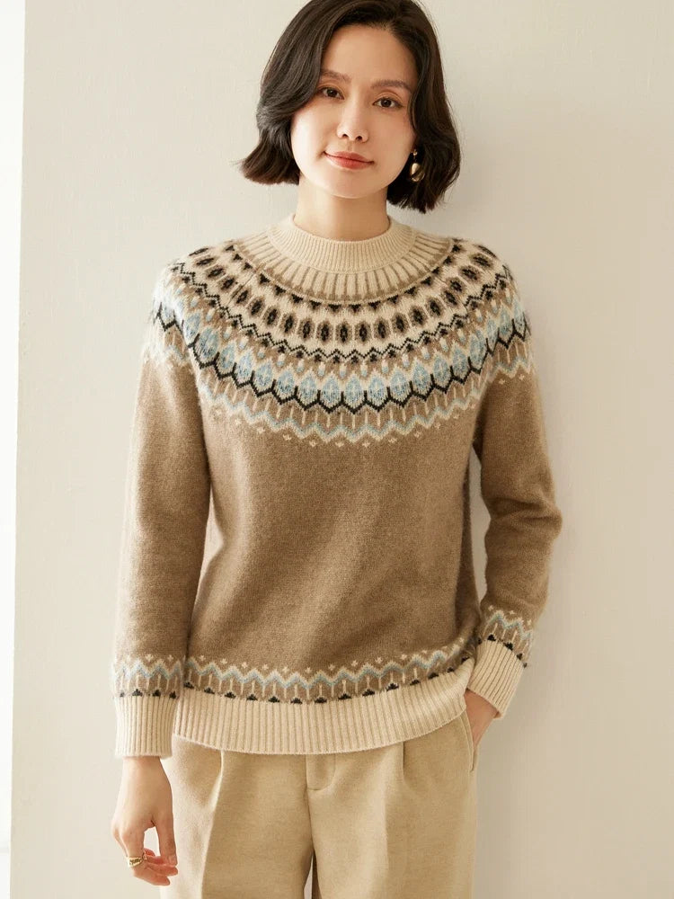 Women's Wool Knit Sweater Pullover Crewneck Fair Isle Knitwear