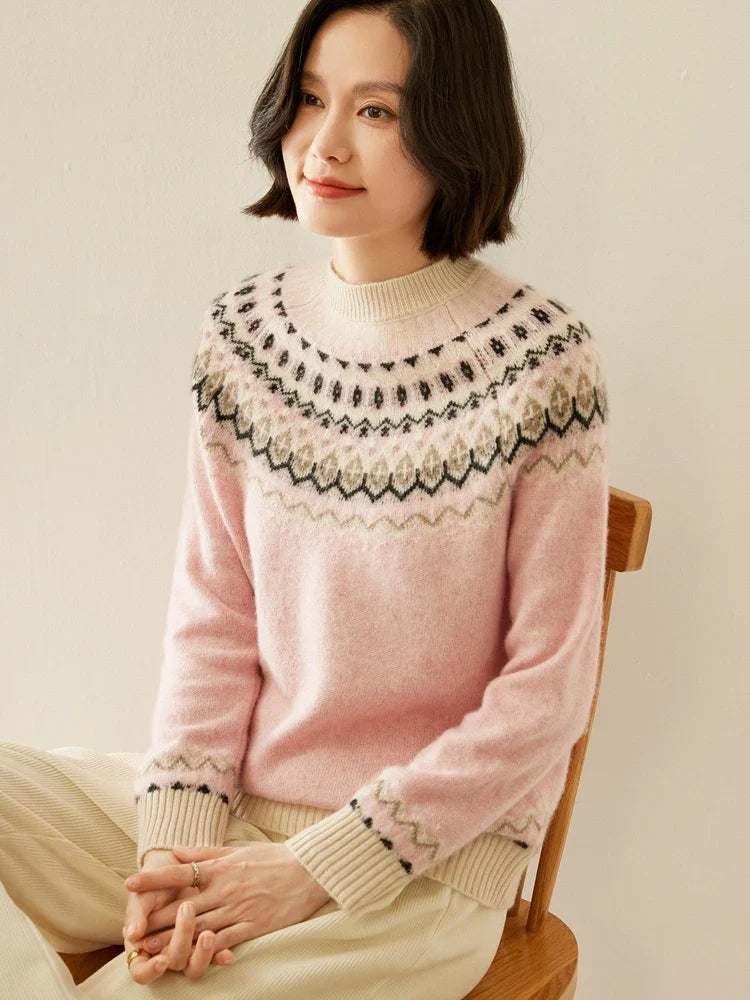 Women's Wool Knit Sweater Pullover Crewneck Fair Isle Knitwear