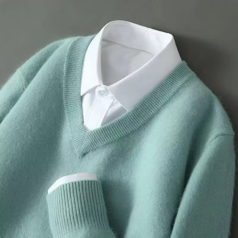 Men's V-Neck Merino Wool Sweater Pullover Knit Jumper Top