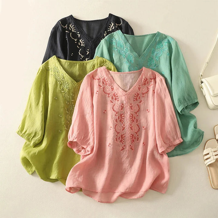 Women's Linen Embroidered Blouse V-Neck Casual Short Sleeve Top