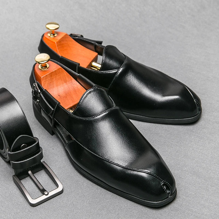 Męskie skórzane półbuty wizytowe typu slingback, wygodne mokasyny, sandały