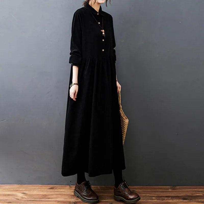 Women's Linen Maxi Dress Shirt Casual Loose Long Sleeve Casual Sundress