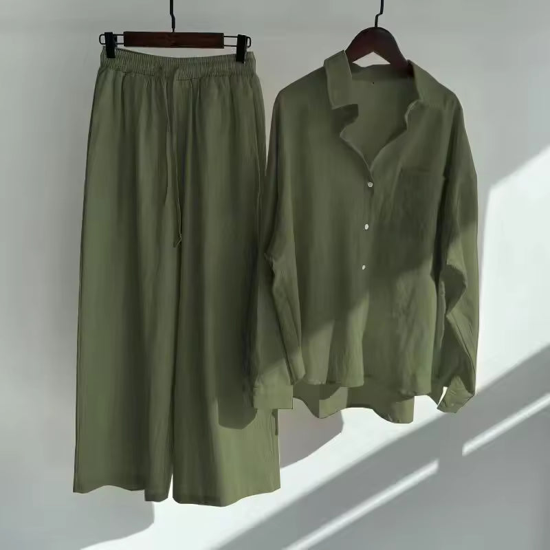 Women's Linen Blend Long Sleeve Shirt Wide Leg Pants Co-ord Set