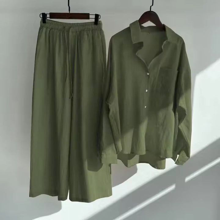 Women's Linen Blend Long Sleeve Shirt Wide Leg Pants Co-ord Set