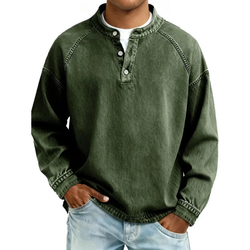 Men’s Denim Henley Collarless Long-Sleeve Shirt