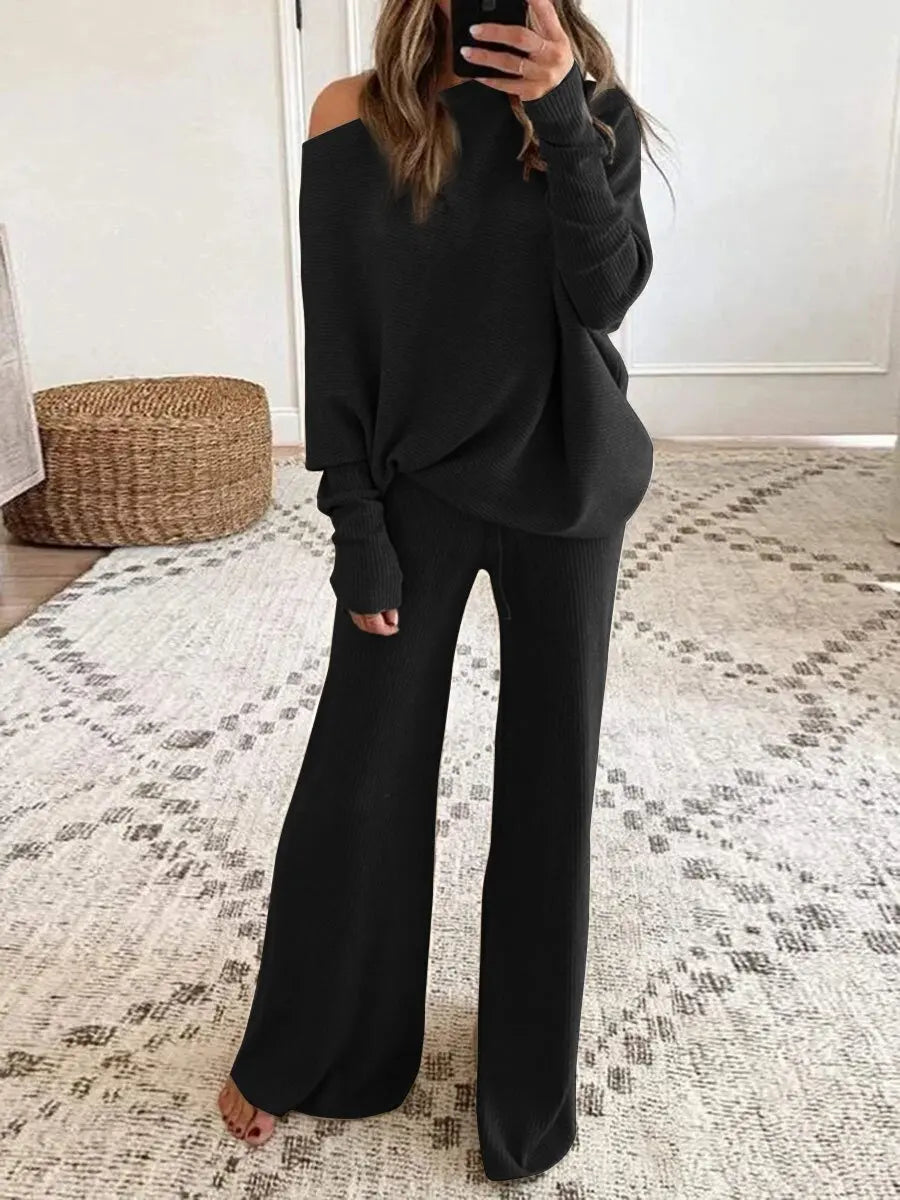 Women's Knit Lounge Set Off-Shoulder Top and Wide Leg Trousers Two Piece Outfit