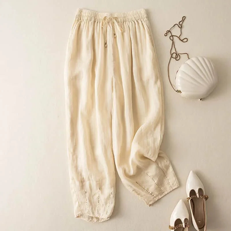Pantalon en lin pour femme, coupe ample, jambe large, avec cordon de serrage