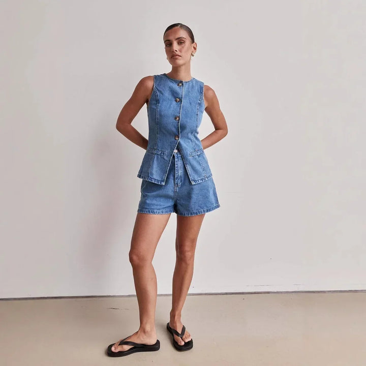 Short en jean pour femme, taille haute, coupe décontractée et ajustée