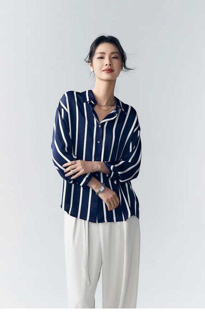 Women's Striped Long Sleeve Linen Shirt Button Up Blouse Tops