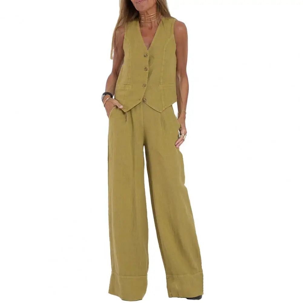 Women's Linen Waistcoat & Wide Leg Trousers Two-Piece Set