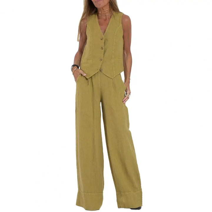 Women's Linen Waistcoat & Wide Leg Trousers Two-Piece Set