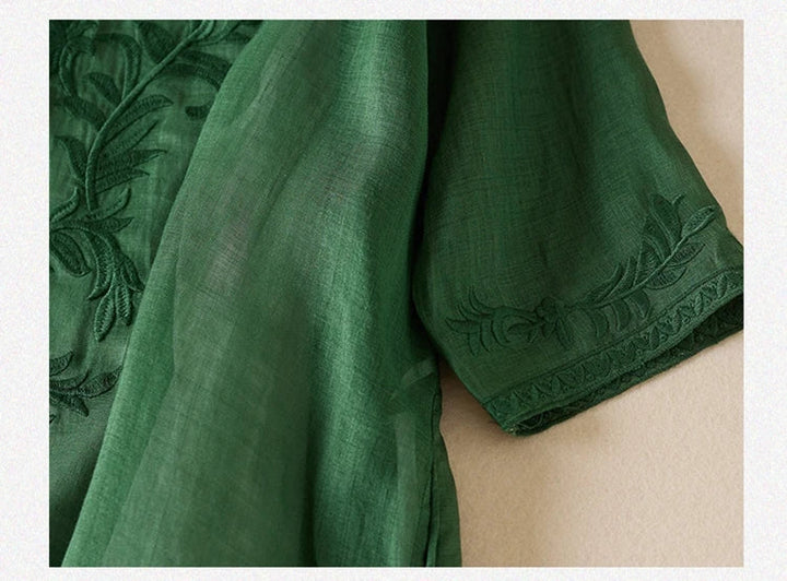 Robe midi imprimée en lin à col en V pour femme