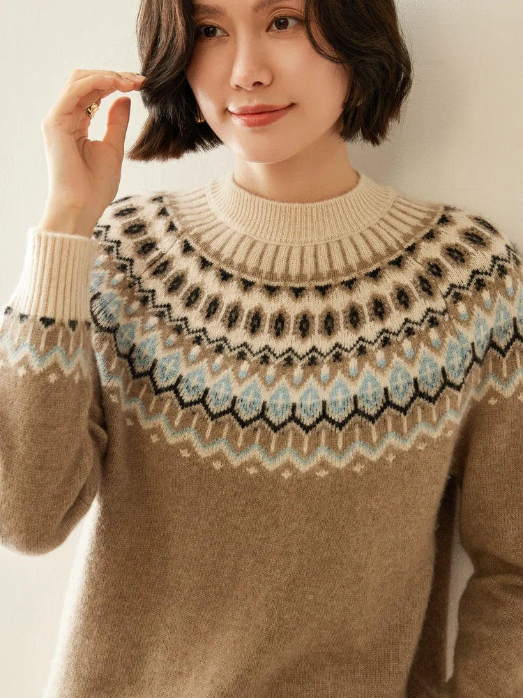 Women's Wool Knit Sweater Pullover Crewneck Fair Isle Knitwear