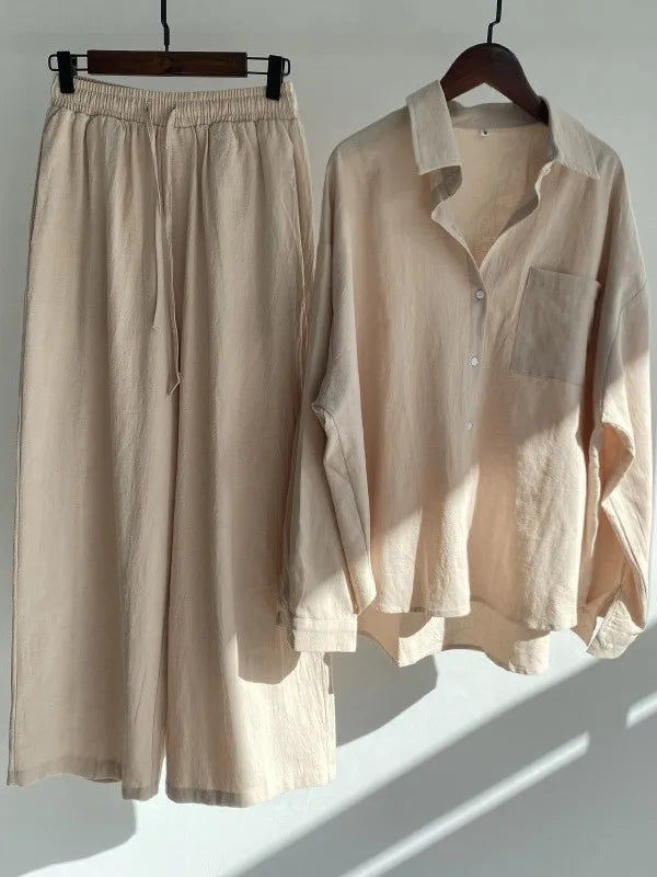 Women's Linen Blend Long Sleeve Shirt Wide Leg Pants Co-ord Set