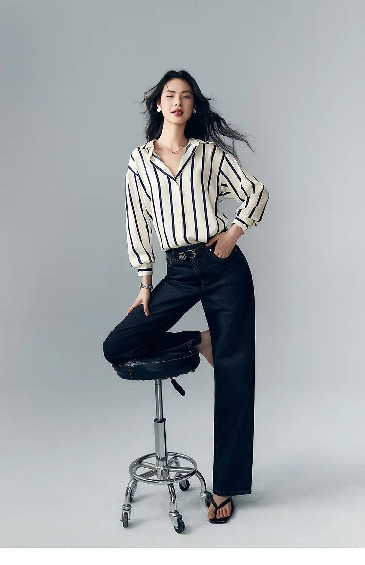 Women's Striped Long Sleeve Linen Shirt Button Up Blouse Tops