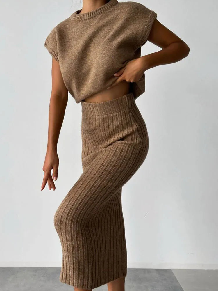 Women Knit Midi Skirt and Short Sleeve Top Two- Piece Set