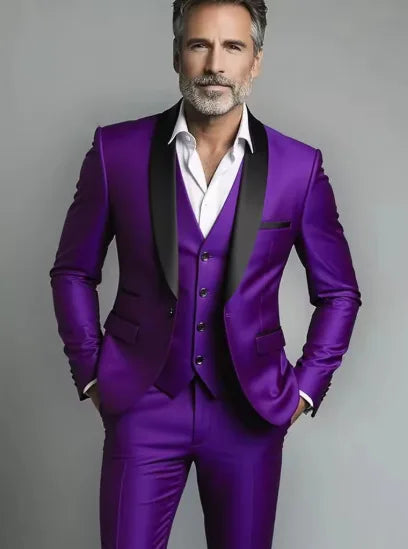 Men's Wool Shawl Lapel 3 Piece Tuxedo Suit Wedding Formal Slim Fit