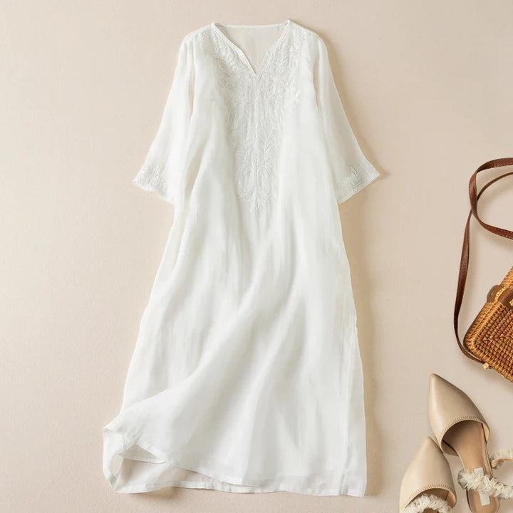 Robe midi imprimée en lin à col en V pour femme
