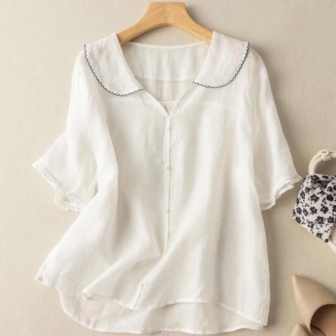 Blouse décontractée pour femme en lin, col en V, manches courtes