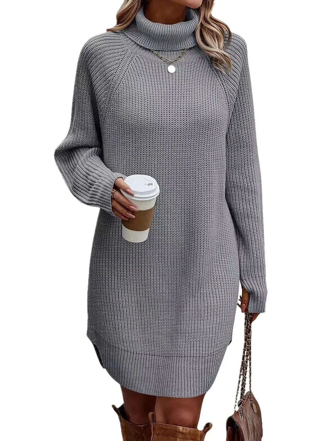 Women’s Ribbed Knit Turtleneck Long-Sleeve Mini Sweater Dress