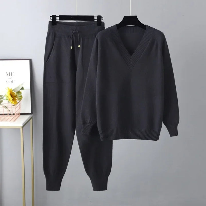 Women's Wool-Knit V-Neck Two Piece Loungewear Set