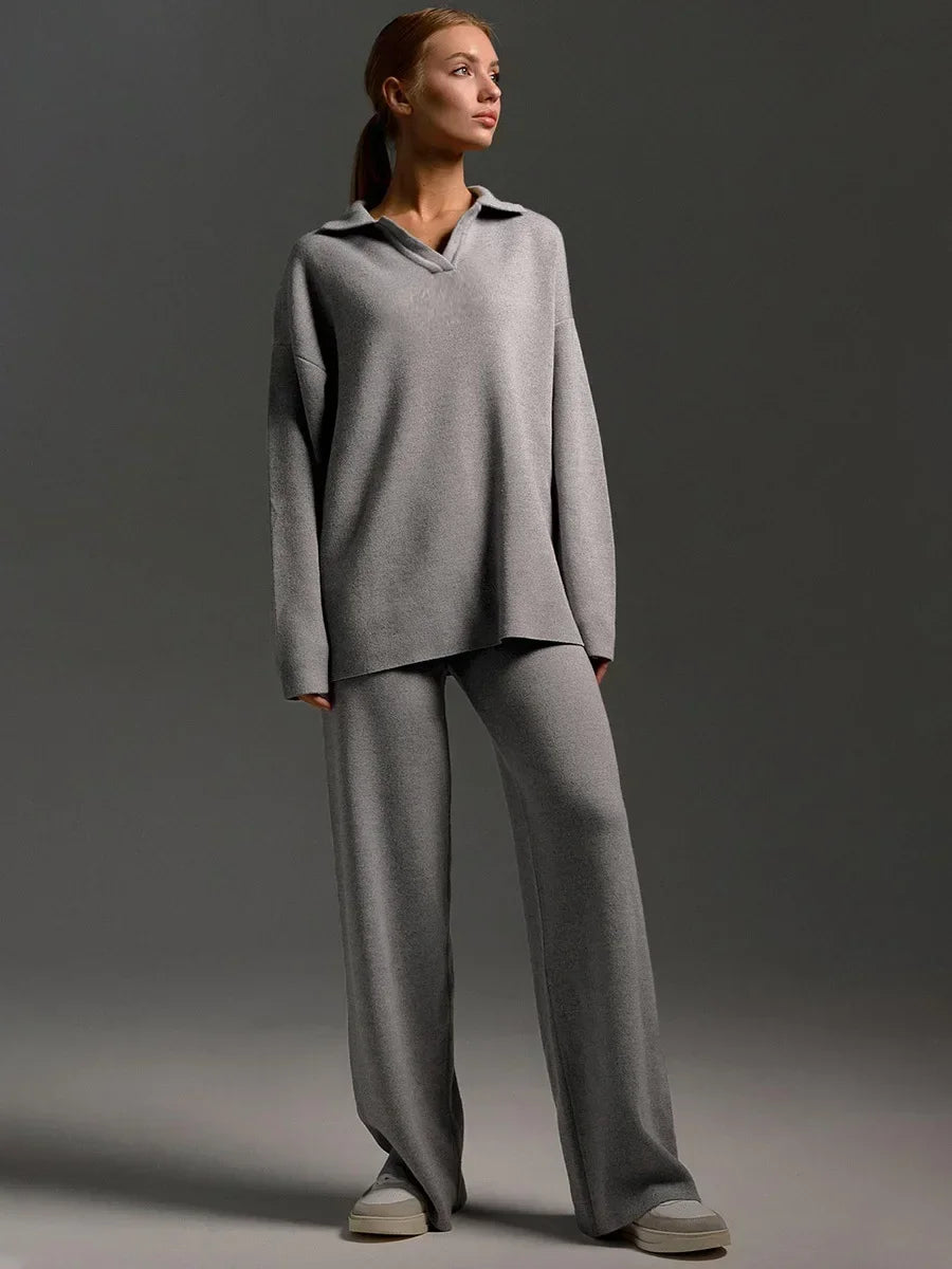 Women's Knit Collar Sweatshirt & Wide Leg Pants Two Piece Set