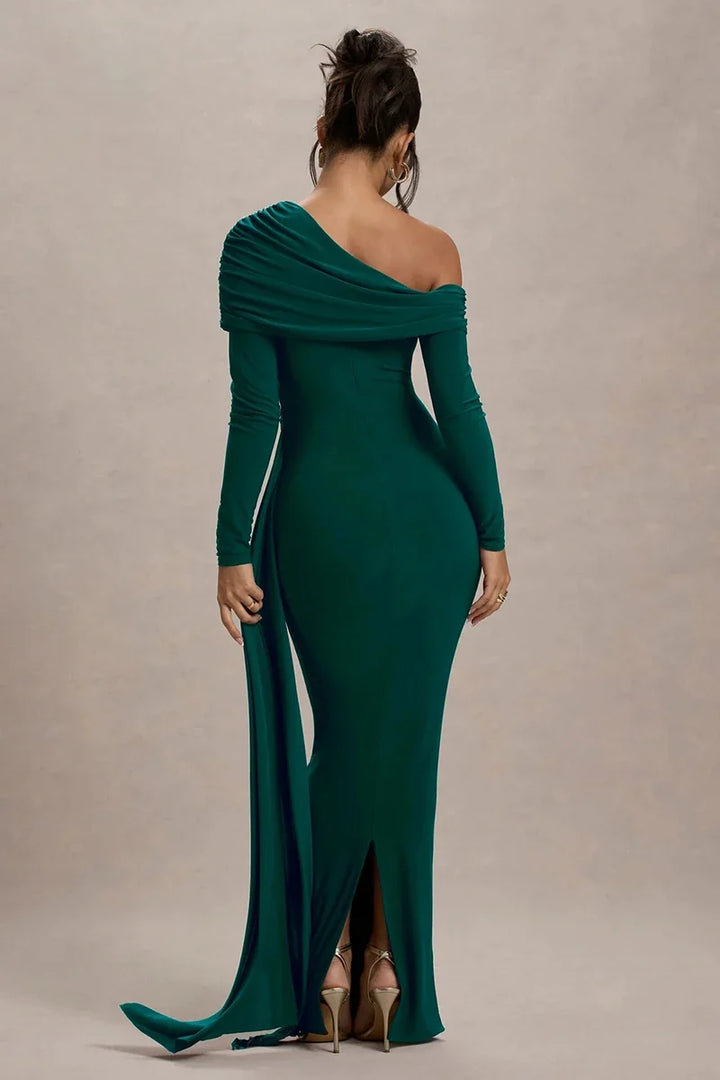 Women Knit Blend Off Shoulder Ruched Asymmetric Evening Maxi Dress