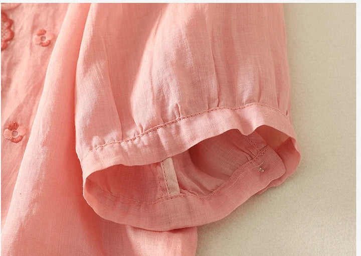 Women's Linen Embroidered Blouse V-Neck Casual Short Sleeve Top