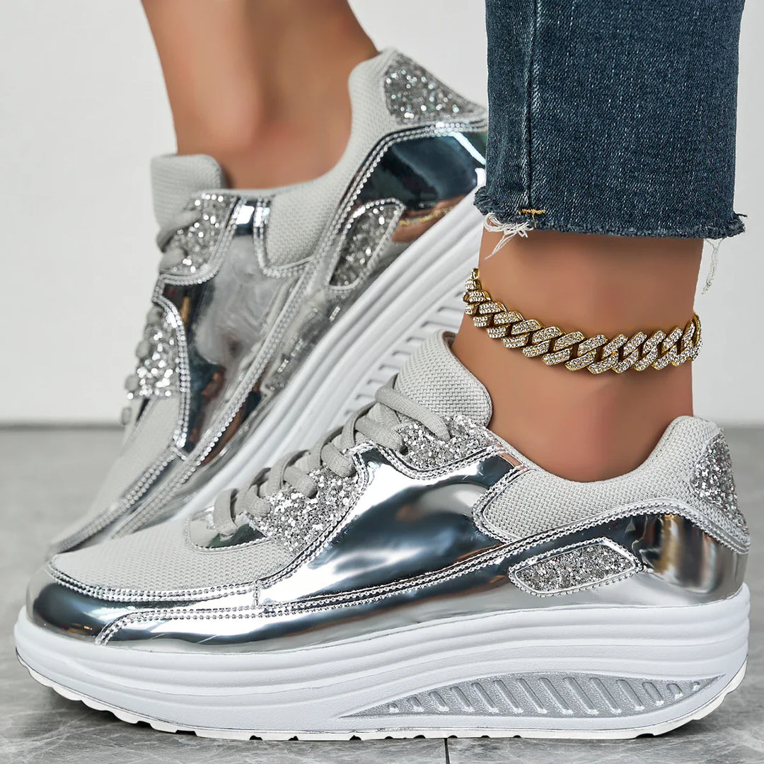 Women's Mesh Platform Wedge Faux Leather Sneakers