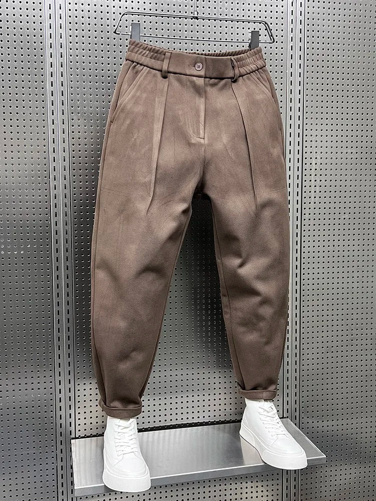 Men's Wool Pleated Tapered Trousers with Elastic Waist