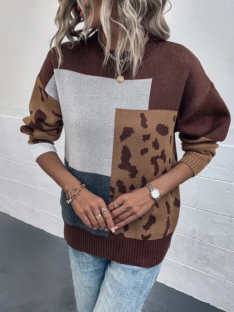 Women’s Leopard-Patchwork Crew-Neck Knit Sweater