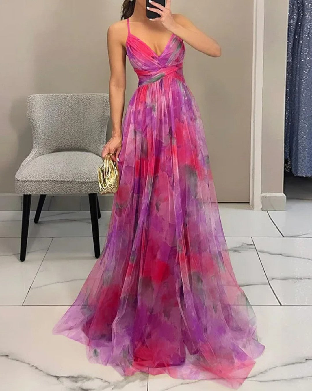 Women's Floral Print Chiffon Cutout V-Neck Backless Maxi Dress