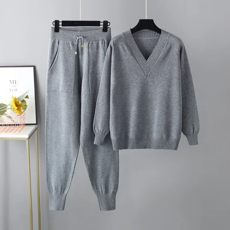 Women's Wool-Knit V-Neck Two Piece Loungewear Set