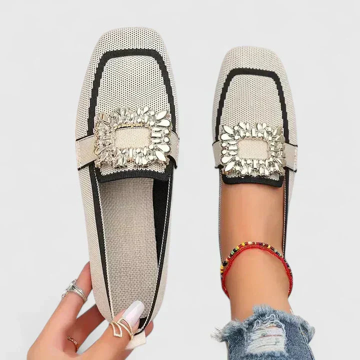 Women’s Knit Rhinestone Buckle Square-Toe Loafer Flats