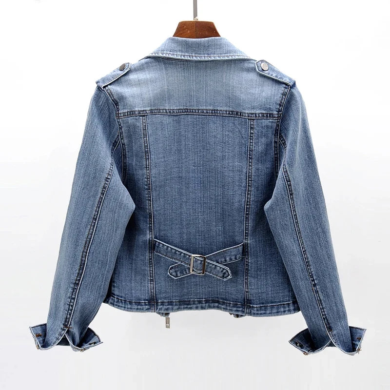 Veste de motard en jean pour femme, manteau en jean style moto, coupe ajustée, vêtement d'extérieur