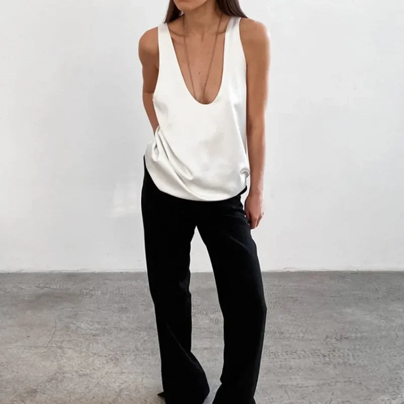 Women's Satin Sleeveless Scoop Neck Tank Top 