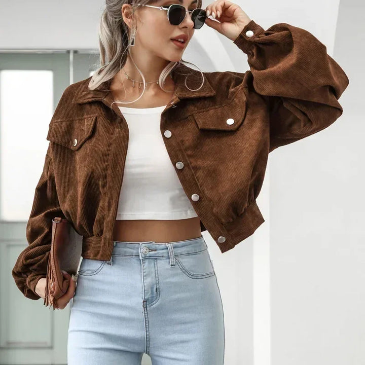 Corduroy Jacket for Women Cropped Bomber Casual Coat
