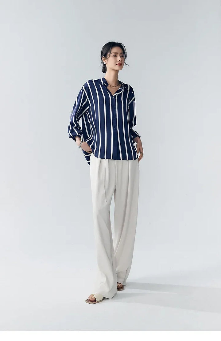 Women's Striped Long Sleeve Linen Shirt Button Up Blouse Tops