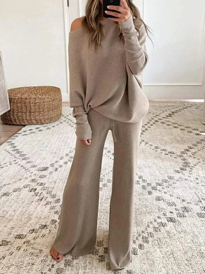 Women's Knit Lounge Set Off-Shoulder Top and Wide Leg Trousers Two Piece Outfit